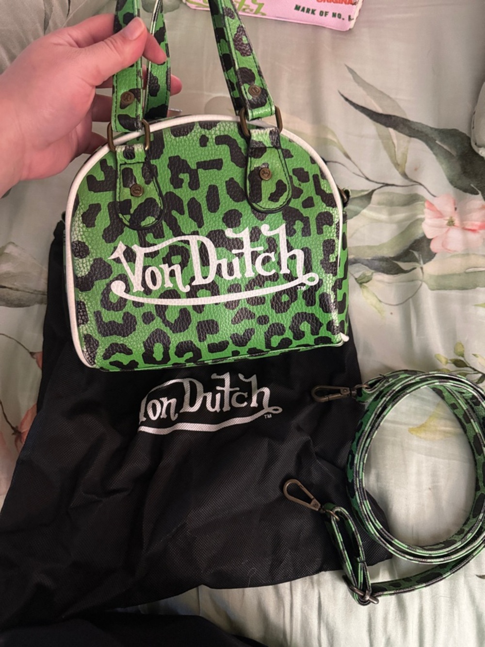 Von Dutch Green Leopard Print Mini Satchel with White Logo